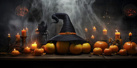 Dark Room Candles And Pumpkins wuth witch hat on the wooden table, Happy Halloween Jack O Lantern in the cemetery on a full moon night 3d illustration, generative AI
