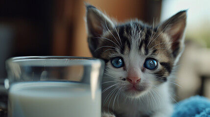 A kitten is sitting on a table next to a glass of milk