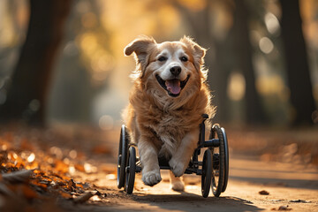 A dog is running in a wheelchair