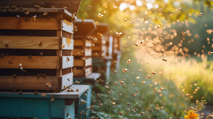 A swarm of bees is flying around a group of beehives
