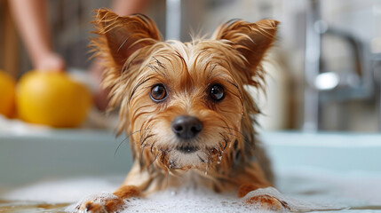Wet Yorkshire Terrier Enjoying Bath Time
