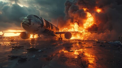 Cinematic scene of a burning airplane on a rainy airport tarmac with emergency responders and fiery explosions.