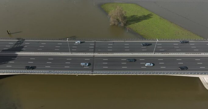 Aerial view of highway A1/E30 at Deventer. Here it crosses the IJssel river.