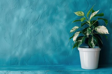 plant against a blue wall background with copy space - generative ai