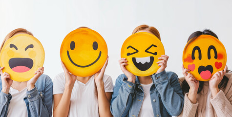 Healthy workplace culture concept. A group of diverse people holding happy emoticons. Teamwork - obrazy, fototapety, plakaty