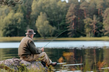 senior man enjoying a relaxing day fishing by the lake