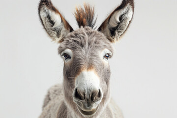 A grey donkey appearing to smile