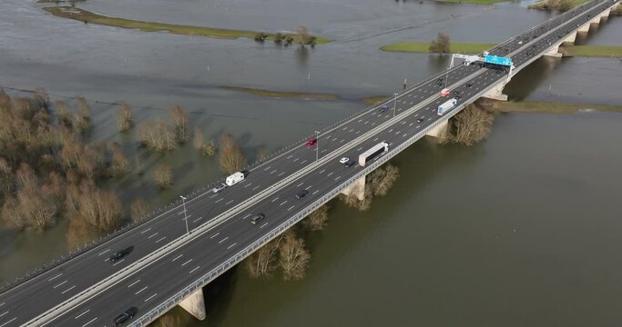 Aerial view of highway A1/E30 at Deventer. Here it crosses the IJssel river.