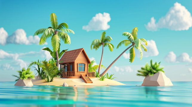 3d illustration of tropical landscape island with palm tree house