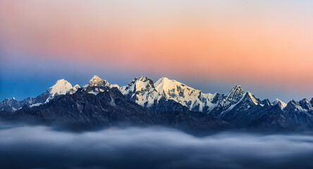 Panoramic view of the snowy mountains Annapurna Nature Reserve, trekking route, Nepal - 794931105