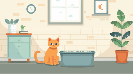 Cute cat near litter box in room Vector illustration