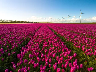 Rolgordijnen zonder boren A vibrant field of pink tulips sways gracefully under the blue sky, with majestic windmills spinning in the background © Fokke Baarssen