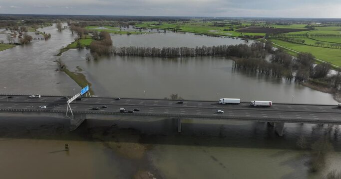 Aerial view of highway A1/E30 at Deventer. Here it crosses the IJssel river.