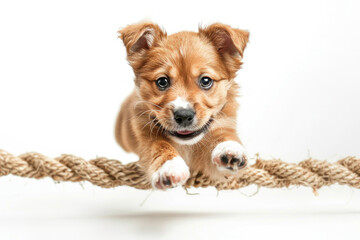 A playful puppy pouncing on a toy