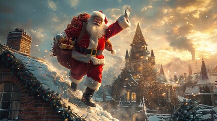 Portrait of a happy Santa Claus with a red bag of gifts, walking on a snow-covered roof against a winter sky at frosty twilight. Christmas atmosphere concept.