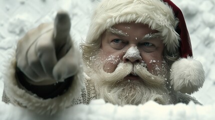 A serious man dressed as Santa Claus sternly points his finger at something with a sparkle in his eyes, spreading excitement