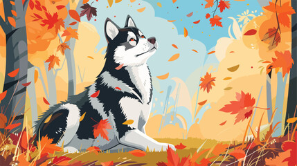 Cute Husky dog in autumn park closeup Vector illustration