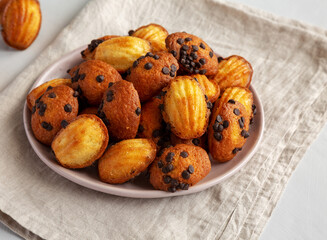 Homemade Chocolate Chip Madeleines on a Plate, side view.