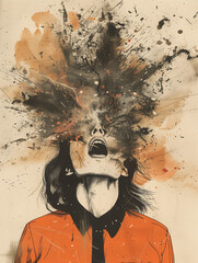 Woman with a explosion in her head - obrazy, fototapety, plakaty