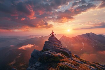 People doing yoga on the mountain top at sunrise