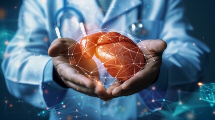 doctor in uniform hands holding liver organ virtual icon, hepatitis vaccination, liver cancer treatment. Health checkup concept
