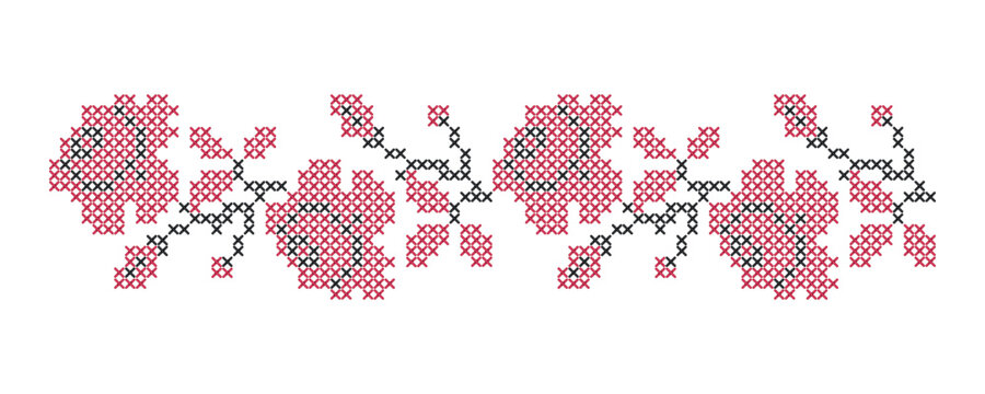Seamless cross stitch pattern. Red and black roses embroidered with a cross. Handmade work. Handiwork. Vector illustration.
