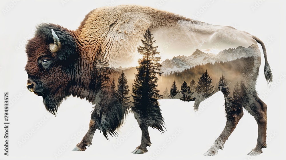 Wall mural graphic design of buffalo silhouette with mountain landscape overlay