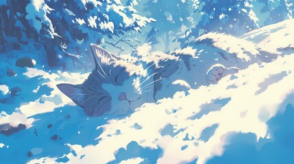 anime style illustration of a cat sleeping in the snow