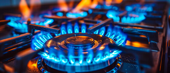 Blue flames on a gas stove, symbolizing cooking energy and kitchen safety