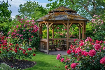 Naklejka premium Garden with wooden pavilion surrounded by blooming roses