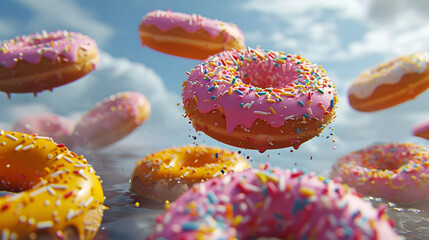 Colorful sprinkled donuts on a reflective surface. AI generative. - obrazy, fototapety, plakaty