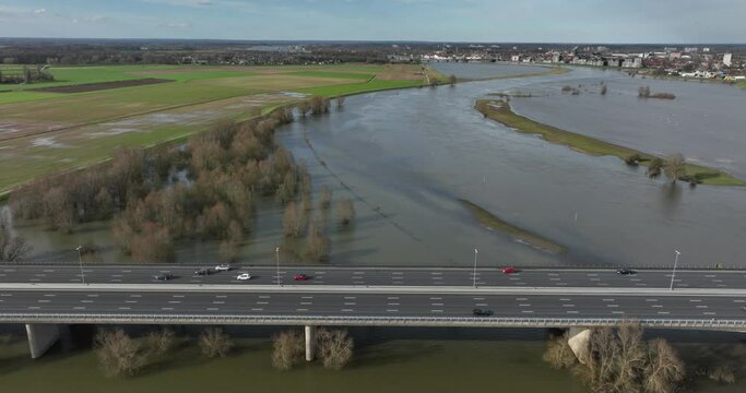 Aerial view of highway A1/E30 at Deventer. Here it crosses the IJssel river.