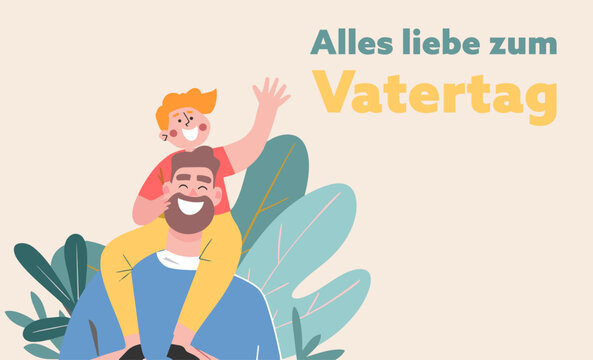 Father with son. Happy Father's Day congratulations card. Greeting June holiday poster, banner for sale promotion, marketing, advertising, celebration gift illustration. Flat style.