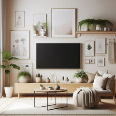 Televisión colocada sobre una mesa de madera con soporte para televisión, en un espacio vacío mínimo, sala de estar, fondo de pared blanca. - obrazy, fototapety, plakaty