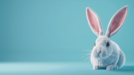Blue background with white rabbit looking up - A curious white rabbit with large pink ears looking upwards set against a calming blue background