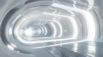 Futuristic white tunnel with bright light - A high-key image of an endless, futuristic, curved white tunnel with reflective floor and bright light at the end