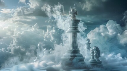 Ethereal Chess King Crafted from Mist Leads Crystal Pawns in Celestial Battle Generative ai