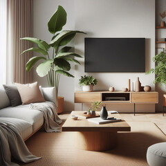 柔らかな夜の光が降り注ぐリビングルーム、居心地の良い環境、画面上に音声コマンドのロゴが表示されたスマート TV、その下にサウンドバー。