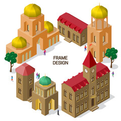 3D frame of isometric town buildings, trees and people. Set of objects with empty space in the middle. Elements for poster or brochure design.