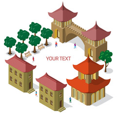 3D frame of isometric models of buildings, trees and people. Set of objects with empty space for text in the middle.