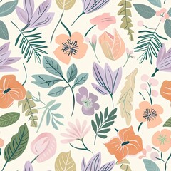Botanical seamless pattern with hand drawn soft pastel tone illustrations