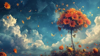 Fototapeta na wymiar Floating Flower Island in Dreamy Blue Sky - A whimsical image of a floating island made up of bright orange flowers amidst a peaceful blue sky and drifting butterflies