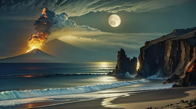 Volcanic eruption at night near the ocean