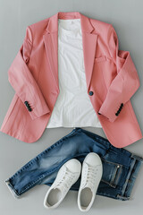White flying cotton T-shirt, blue jeans, white leather sneakers, fashionable pink blazer jacket isolated on gray background. Clean Branding clothes. Mock up for your design. Spring Summer Clothing
