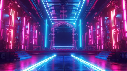 Illuminated by vibrant neon lights, this futuristic sci-fi tunnel entrance beckons with the promise...