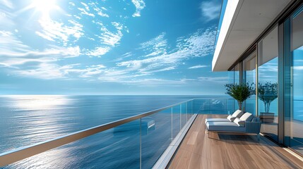 View from luxury apartment to open sea. A spacious balcony with an expansive view of the Mediterranean Sea, offering stunning ocean views from every angle. 