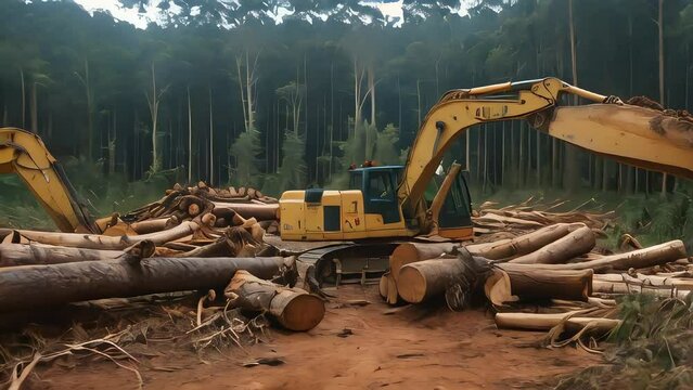 An image capturing an illegal logging operation in progress, with felled trees and machinery destroying a pristine forest.
