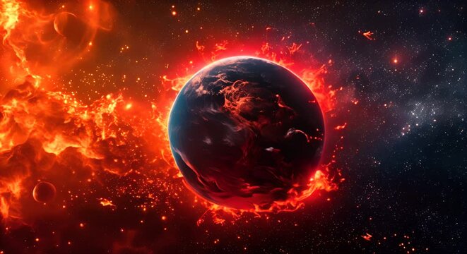 High-tech image of Earth wrapped in a thermal blanket, with temperature readouts peaking, indicative of a feverish planet,