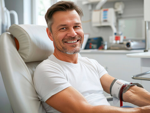 a smiling man sits in a chair, donates blood in a modern, bright clinic. Blood donor