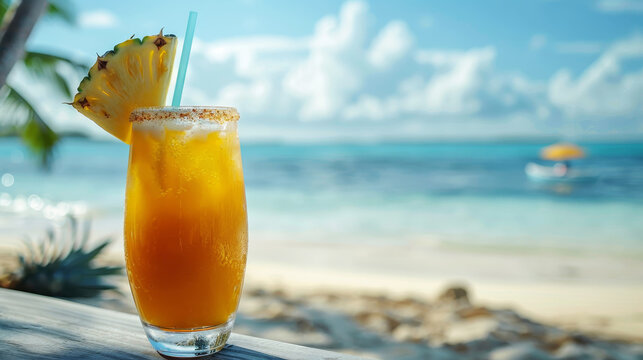 A refreshing tropical drink with pineapple slice on a sunny beach setting